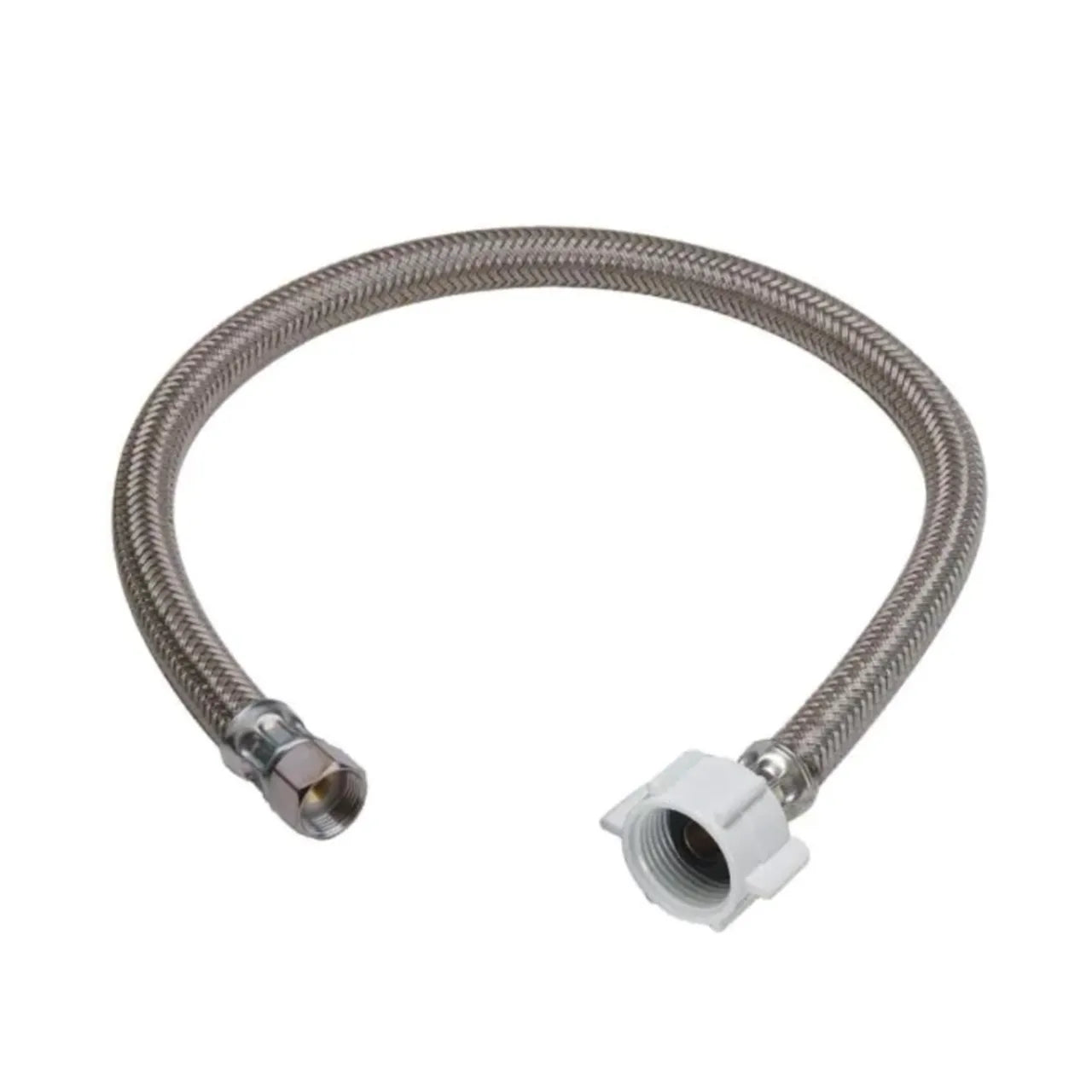The Go Build 3/8 in. Compression x 7/8 in. Ballcock Nut x 12 in. Braided Polymer Toilet Connector is ideal for connecting toilets, featuring durable polymer braid and secure metal and plastic connectors.